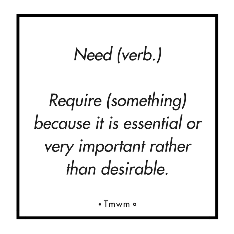 Need (verb.): Require (something) because it is essential or very important rather than desirable