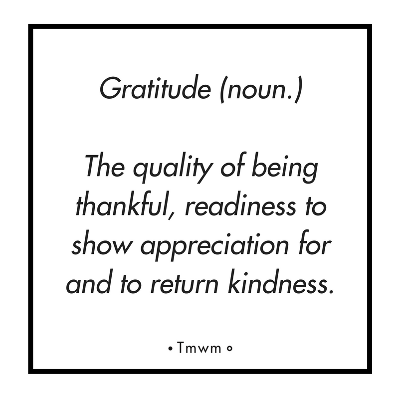 Gratitude (noun.): the quality of being thankful, readiness to show appreciation for and to return kindness.